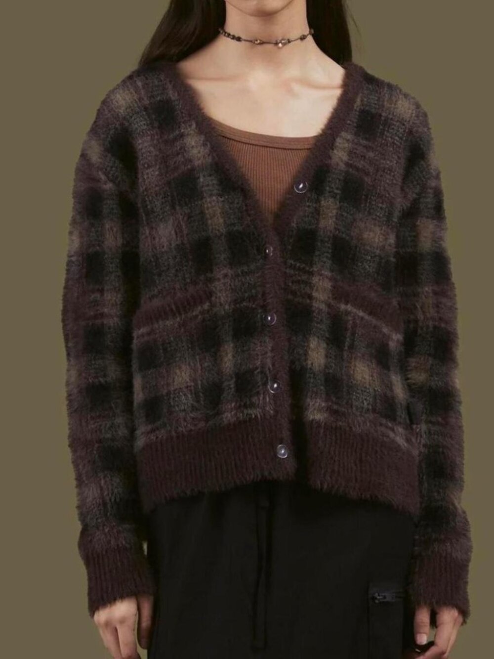 UNIF Women's Small TY Cardigan in Brown Plaid Fuzzy Oversized Boxy Sweater V-Nec